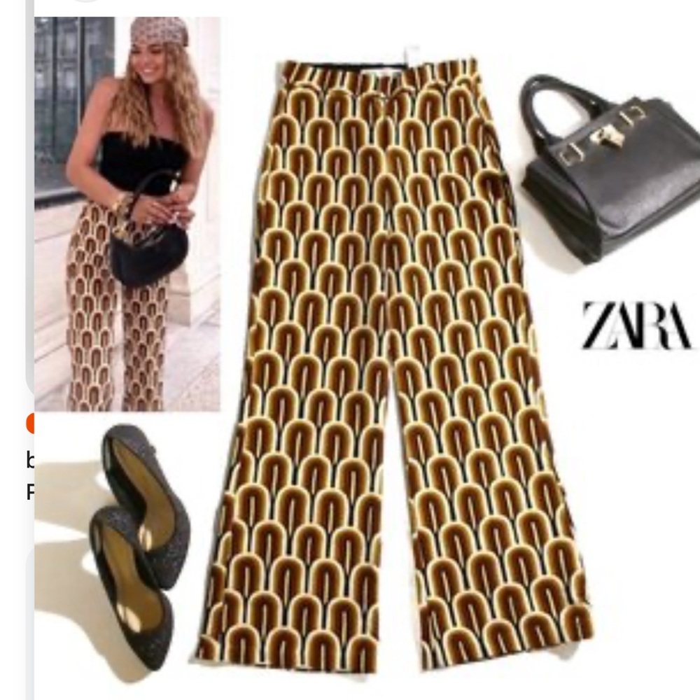 Zara Brown & Cream Retro Arch-Print Wide-Leg Pants
